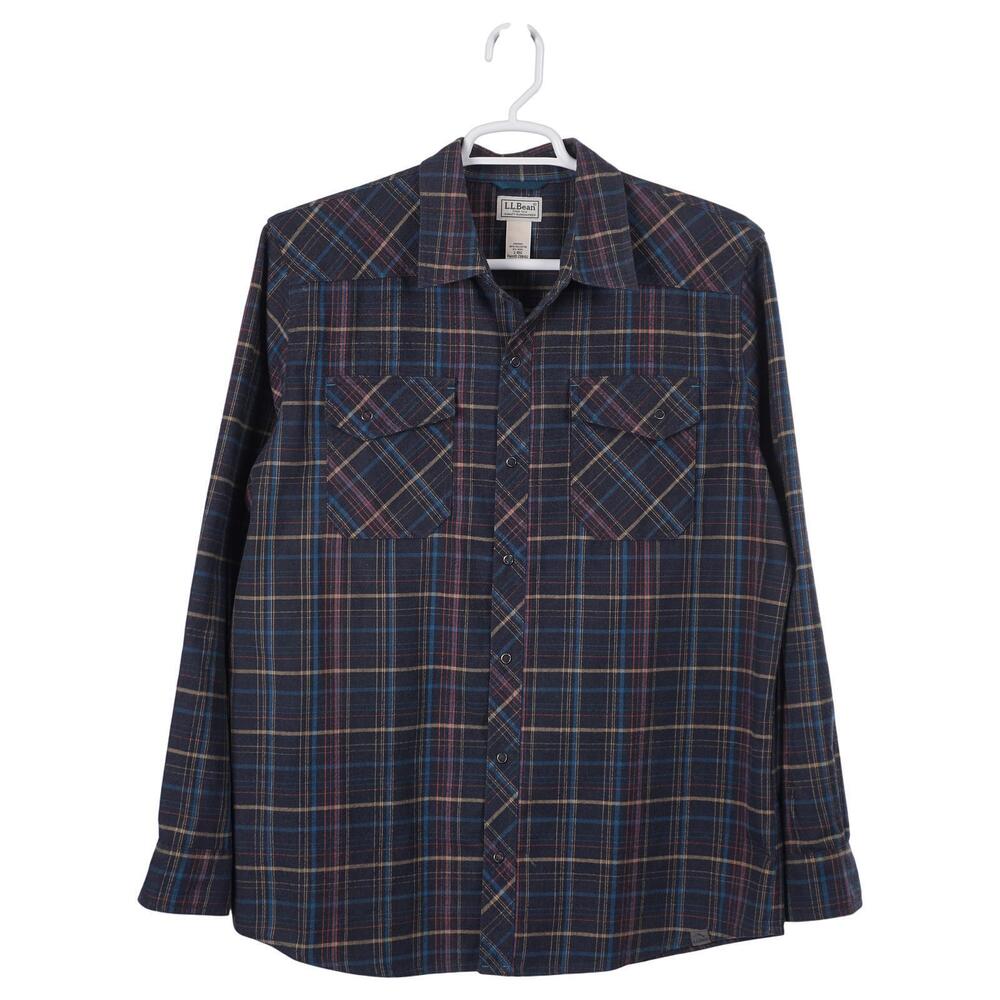 L.L.Bean Katahdin Performance Shirt L Plaid Wool Blend Snap Button Long Sleeve
